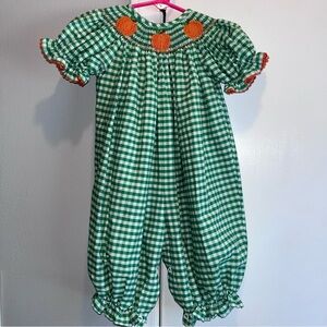 Gingham Print Smocked Embroidered Pumpkins Romper